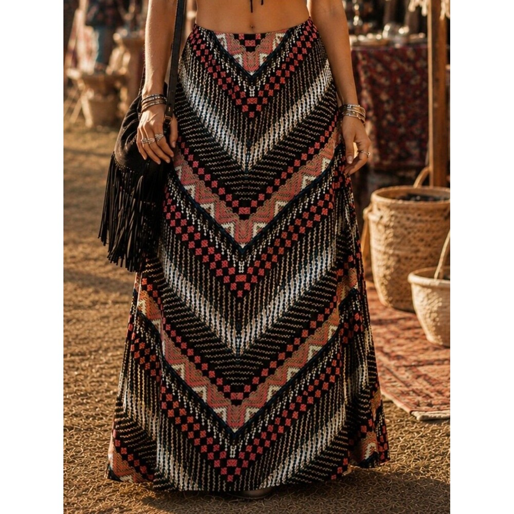Bob Mackie Wearable Art Geometric Tribal Print Maxi Skirt Boho Chic Festival